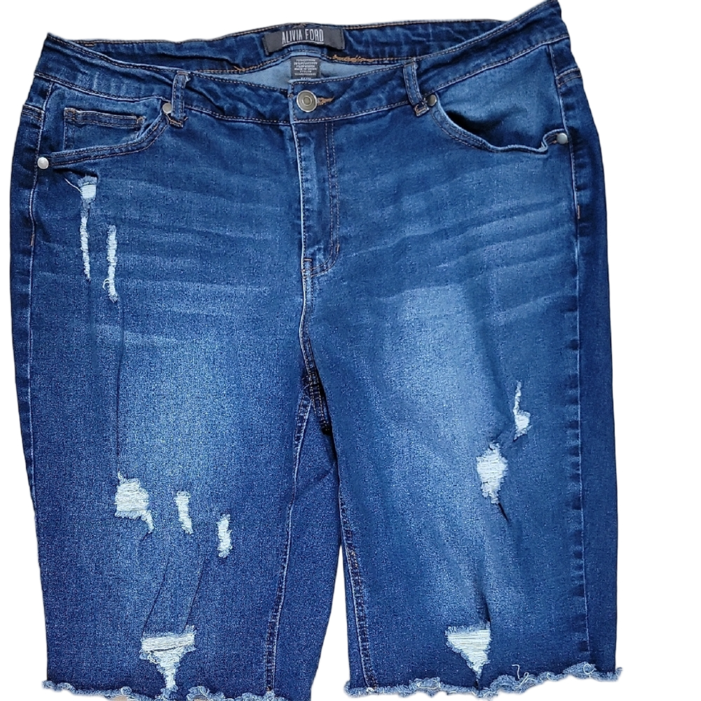 Alivia Ford Dark Blue Distressed 5 Pocket Denim Jean Cut Off Shorts Size16W EUC